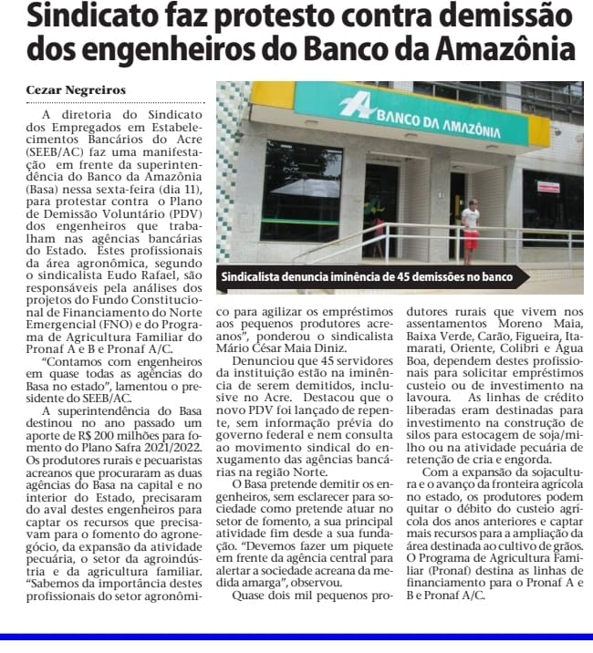 Leia mais sobre o artigo Sindicato faz protesto contra demissão dos engenheiros do Banco da Amazônia