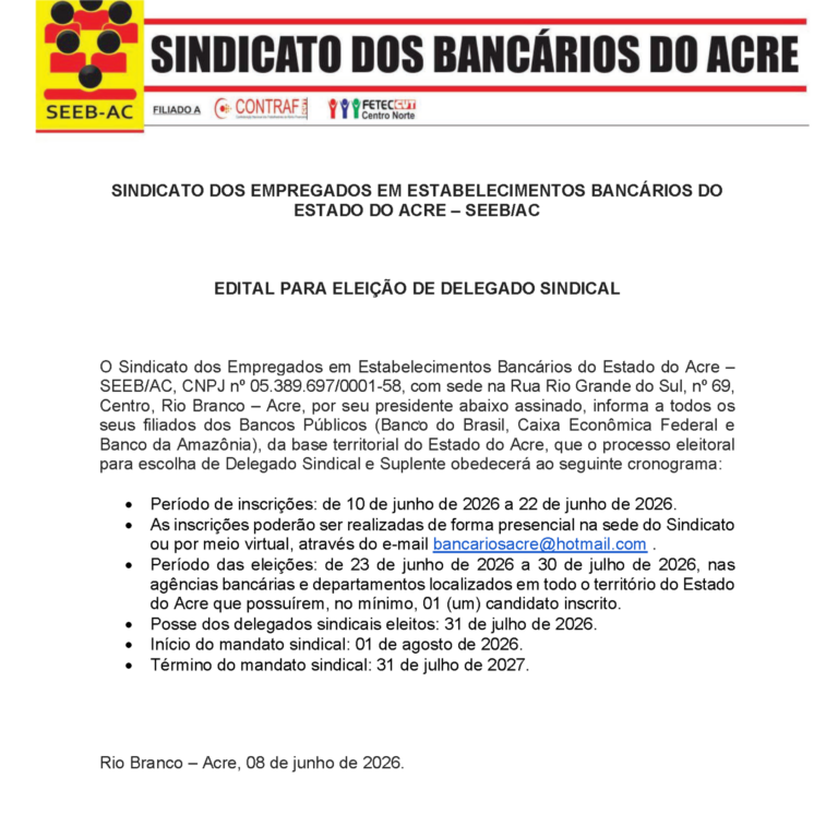 Leia mais sobre o artigo EDITAL PARA ELEIÇÃO DE DELEGADO SINDICAL