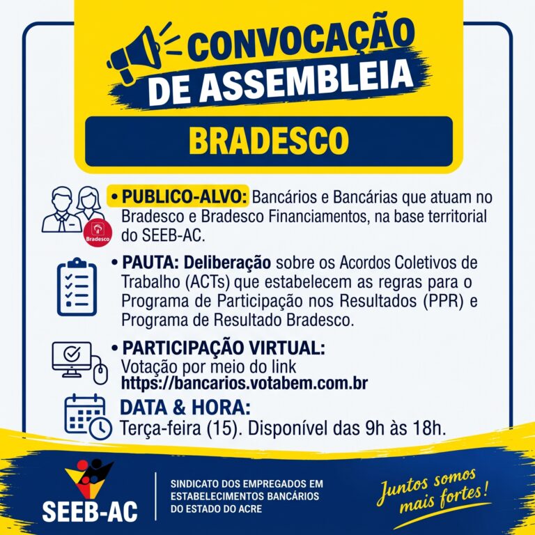 Leia mais sobre o artigo ATENÇÃO, BANCÁRIOS E BANCÁRIAS DO BRADESCO E BRADESCO FINANCIAMENTOS!
